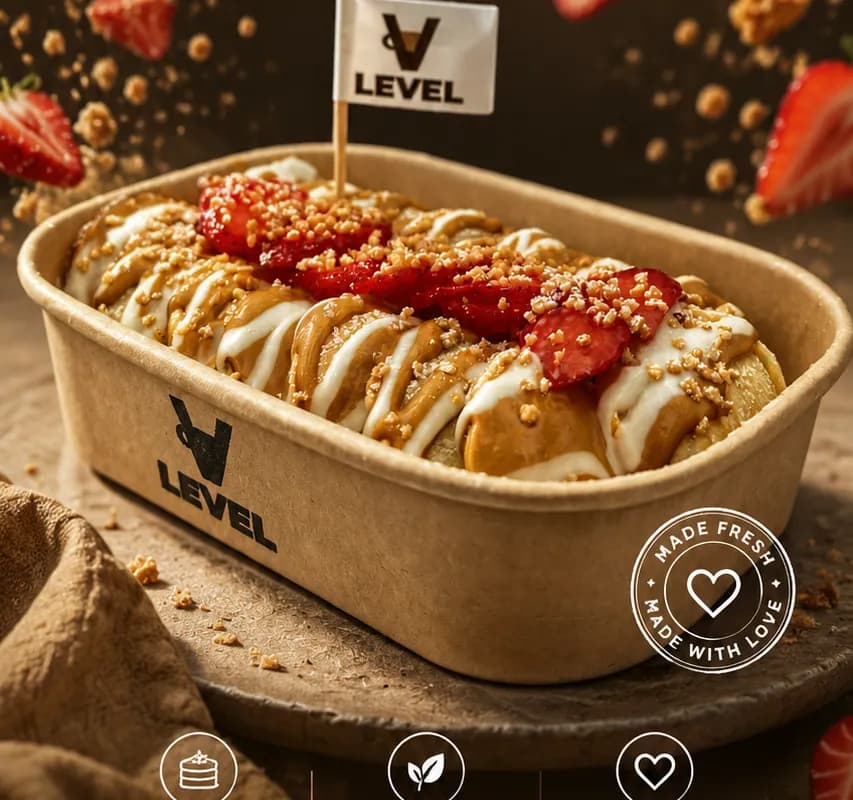 Lil Pancakes im Kraft-Tray mit Erdbeeren und Nuss-Crunch